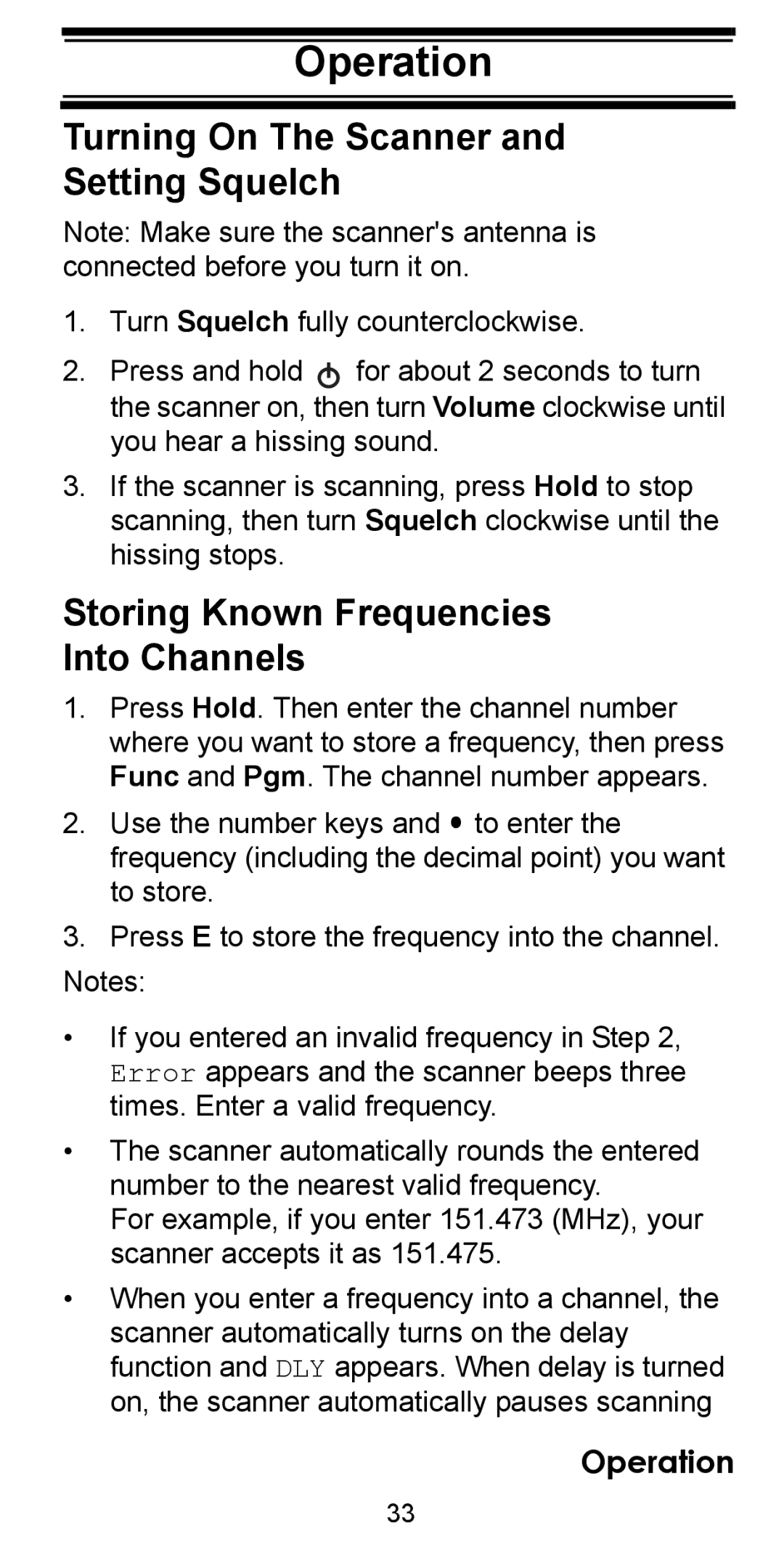Uniden BC95XLT manual Operation, Turning On The Scanner Setting Squelch, Storing Known Frequencies Into Channels 