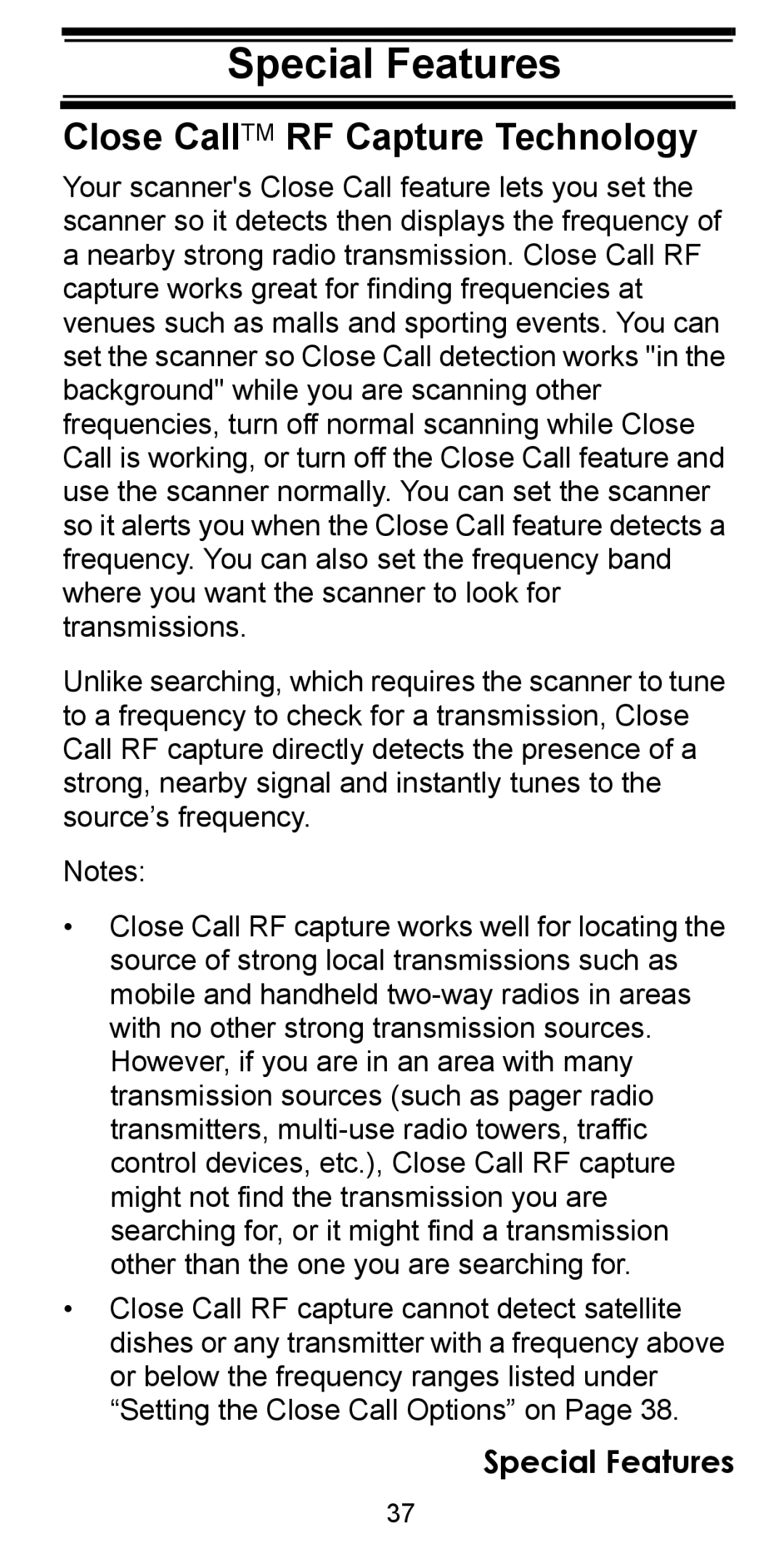 Uniden BC95XLT manual Special Features, Close CallTM RF Capture Technology 