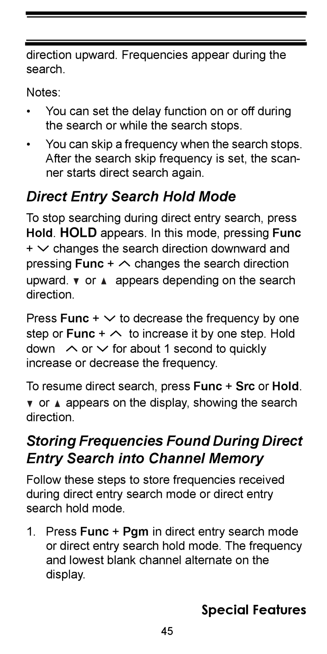 Uniden BC95XLT manual Direct Entry Search Hold Mode 