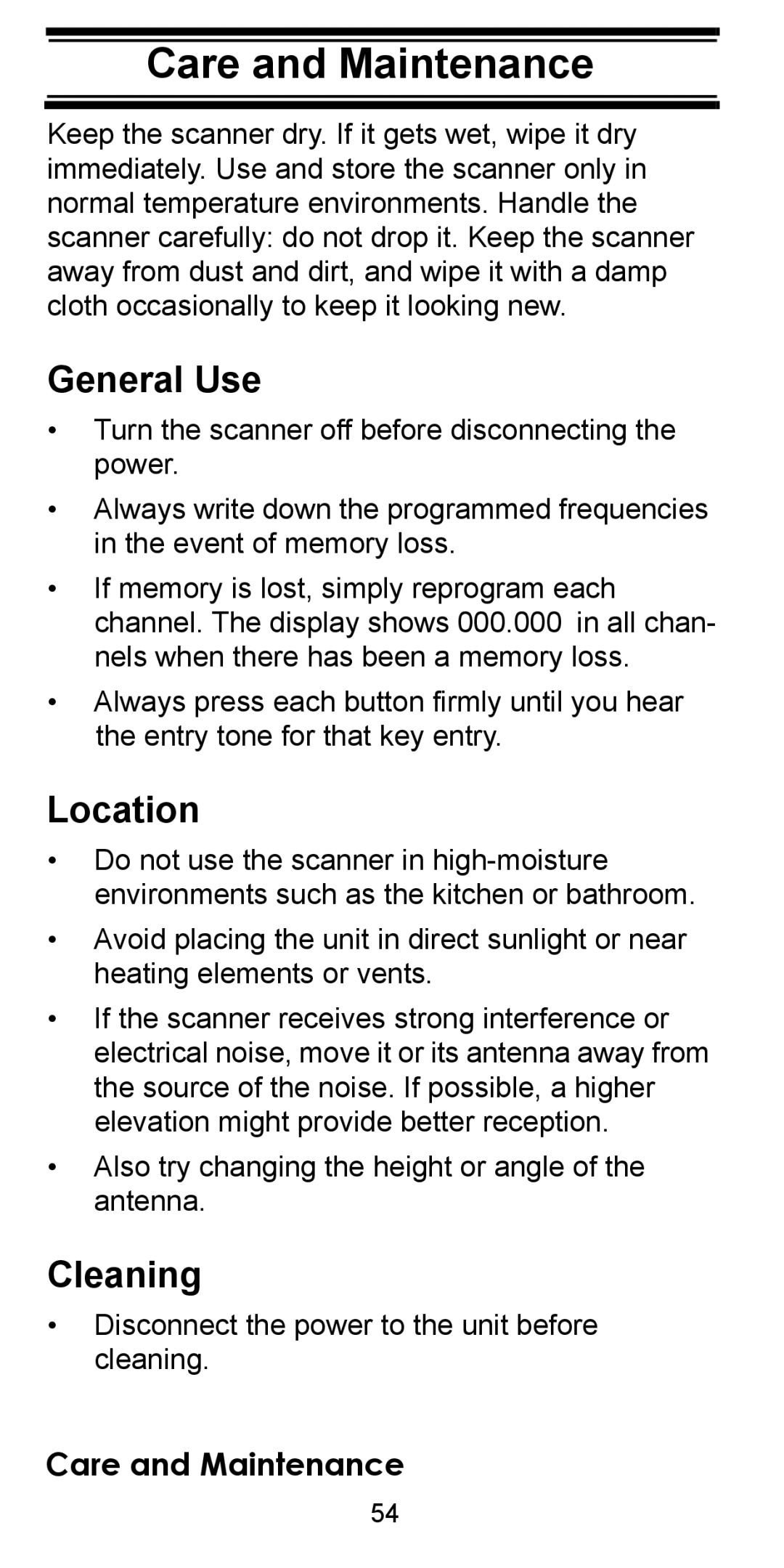 Uniden BC95XLT manual Care and Maintenance, General Use, Location, Cleaning 