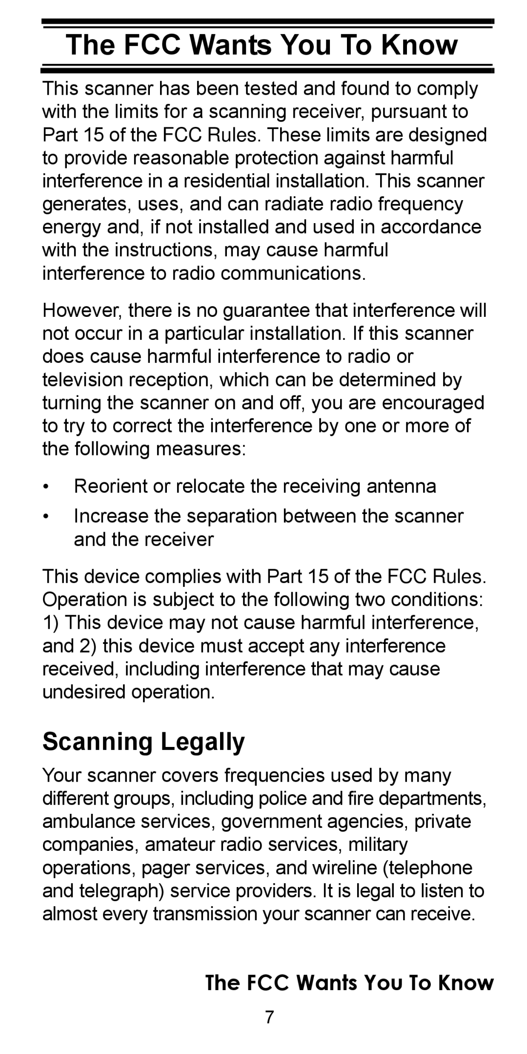 Uniden BC95XLT manual FCC Wants You To Know, Scanning Legally 