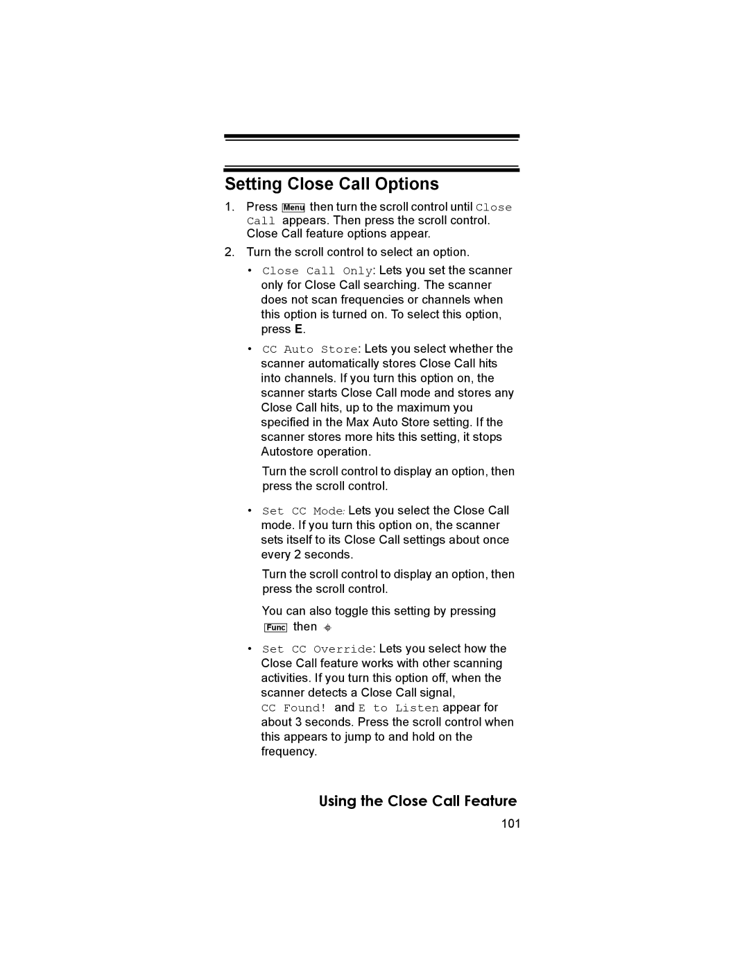 Uniden BCD396T owner manual Setting Close Call Options, 101 