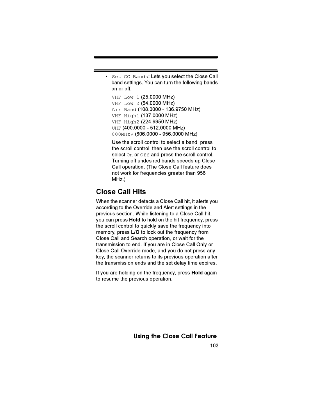 Uniden BCD396T owner manual Close Call Hits, 103 