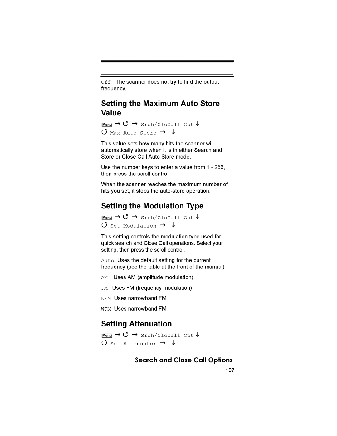 Uniden BCD396T owner manual Setting the Maximum Auto Store Value, Setting the Modulation Type, Setting Attenuation 