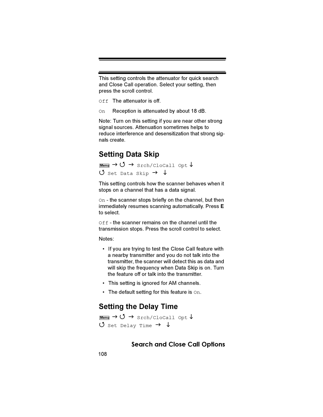 Uniden BCD396T Setting Data Skip, Setting the Delay Time, Srch/CloCall Opt Set Data Skip, Srch/CloCall Opt Set Delay Time 