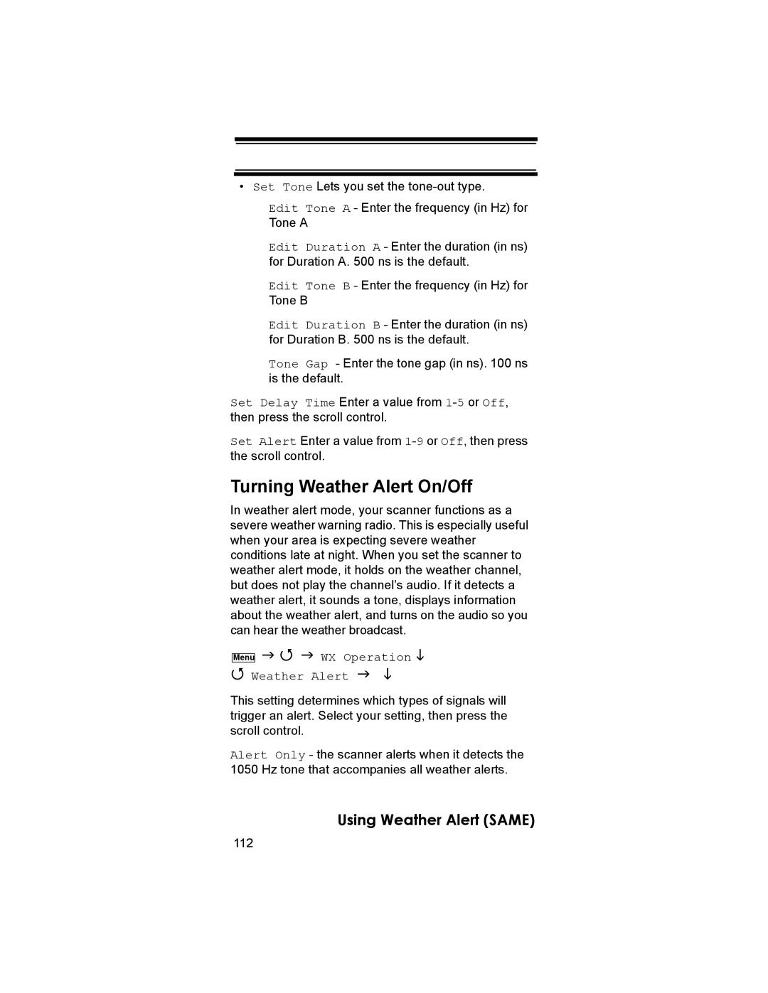 Uniden BCD396T owner manual Turning Weather Alert On/Off, WX Operation Weather Alert, 112 