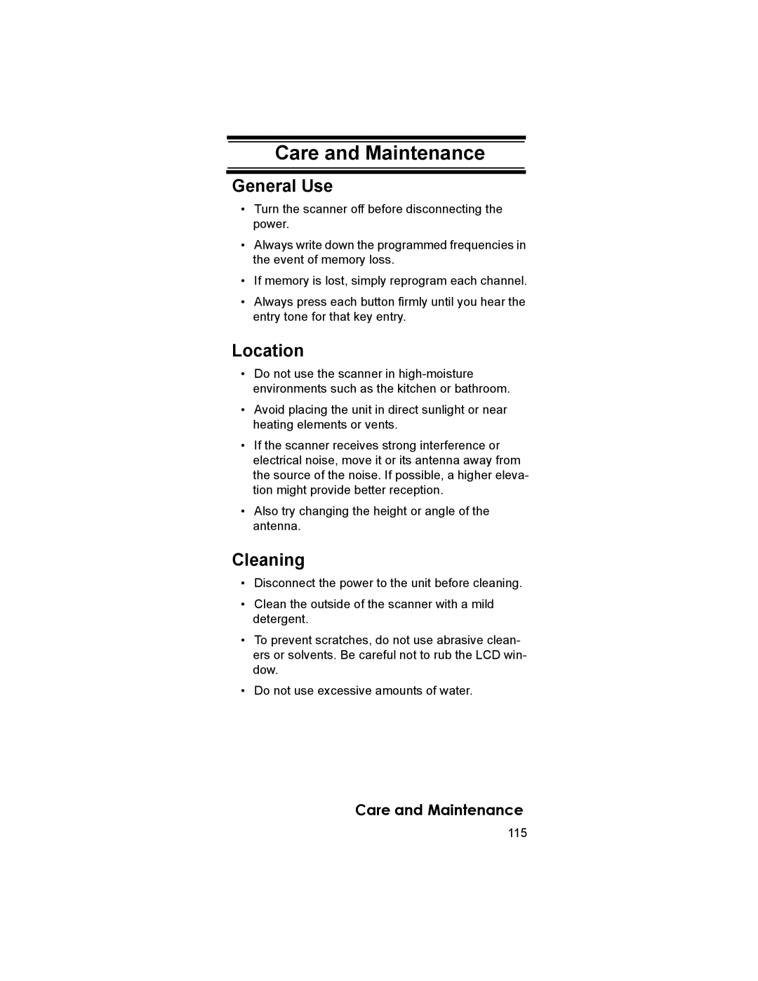 Uniden BCD396T owner manual Care and Maintenance, General Use, Location, Cleaning 