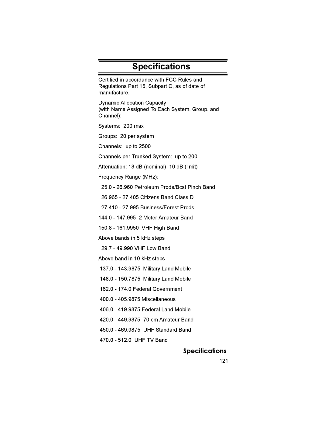 Uniden BCD396T owner manual Specifications, 121 