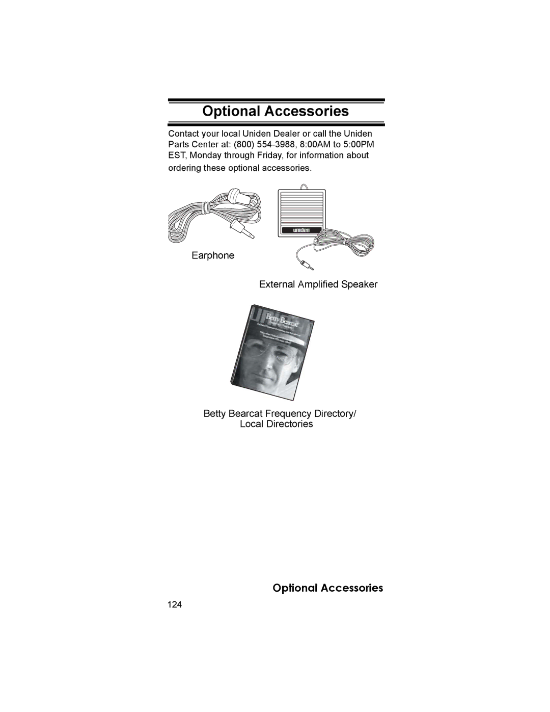 Uniden BCD396T owner manual Optional Accessories, 124 