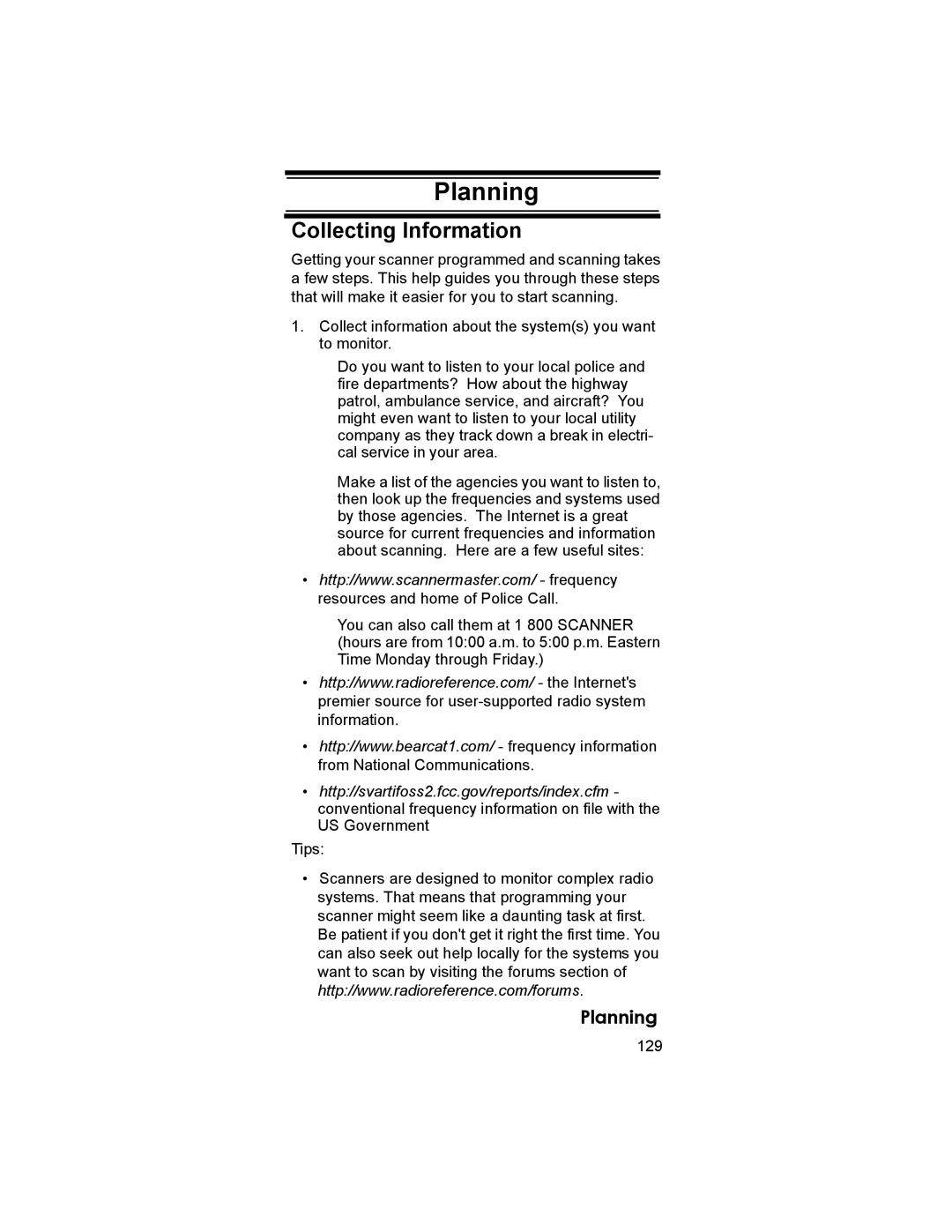 Uniden BCD396T owner manual Planning, Collecting Information, Tips, 129 