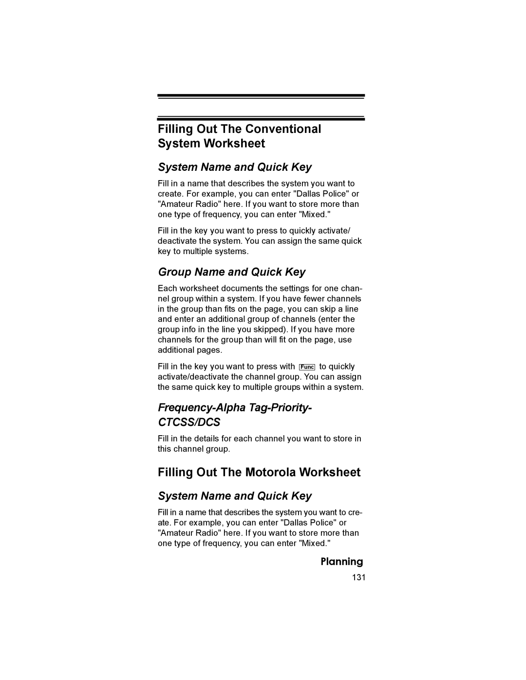 Uniden BCD396T owner manual Filling Out The Motorola Worksheet, System Name and Quick Key, Group Name and Quick Key, 131 
