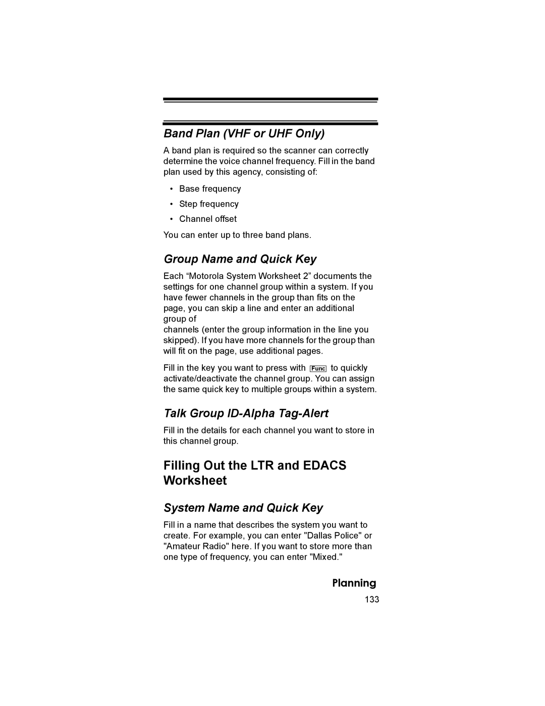 Uniden BCD396T Filling Out the LTR and Edacs Worksheet, Band Plan VHF or UHF Only, Talk Group ID-Alpha Tag-Alert, 133 