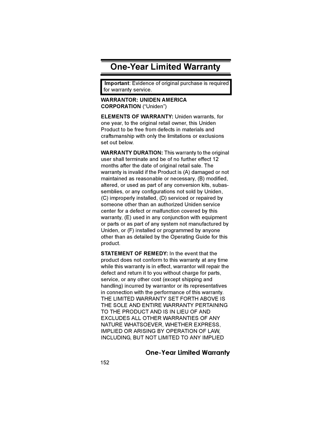 Uniden BCD396T owner manual One-Year Limited Warranty, 152 