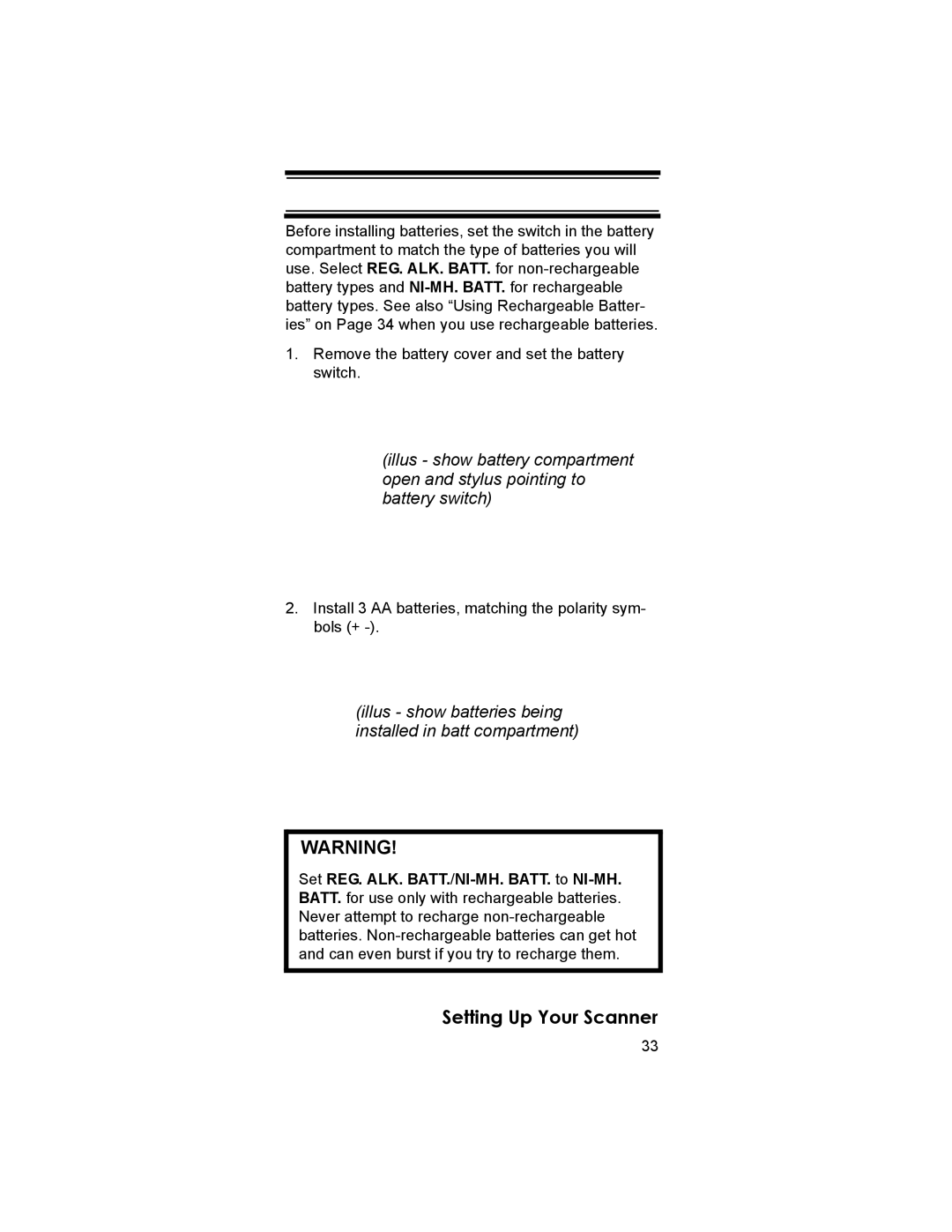 Uniden BCD396T owner manual Illus show batteries being installed in batt compartment 