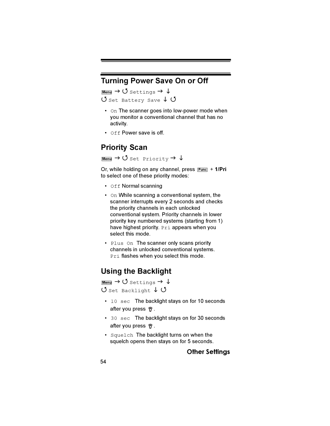 Uniden BCD396T owner manual Turning Power Save On or Off, Priority Scan, Using the Backlight 