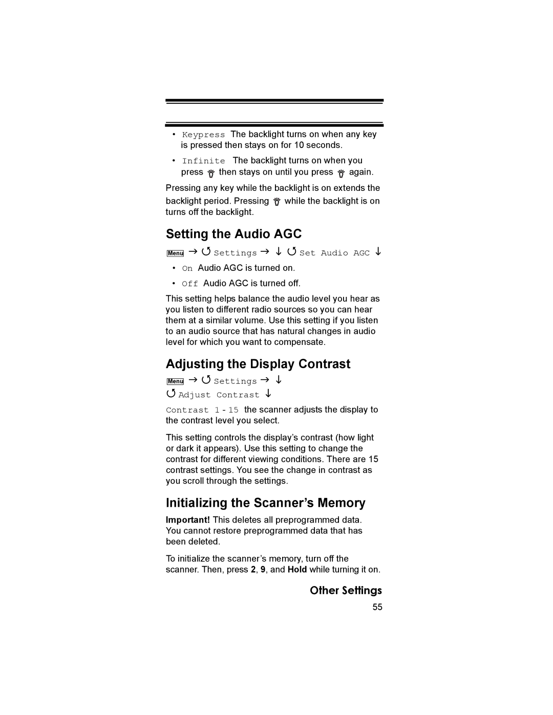 Uniden BCD396T owner manual Setting the Audio AGC, Adjusting the Display Contrast, Initializing the Scanner’s Memory 