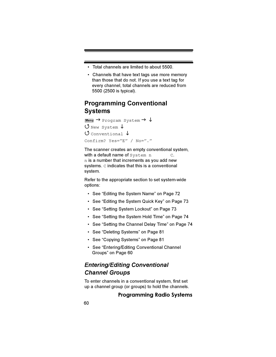 Uniden BCD396T owner manual Programming Conventional Systems, Entering/Editing Conventional Channel Groups 