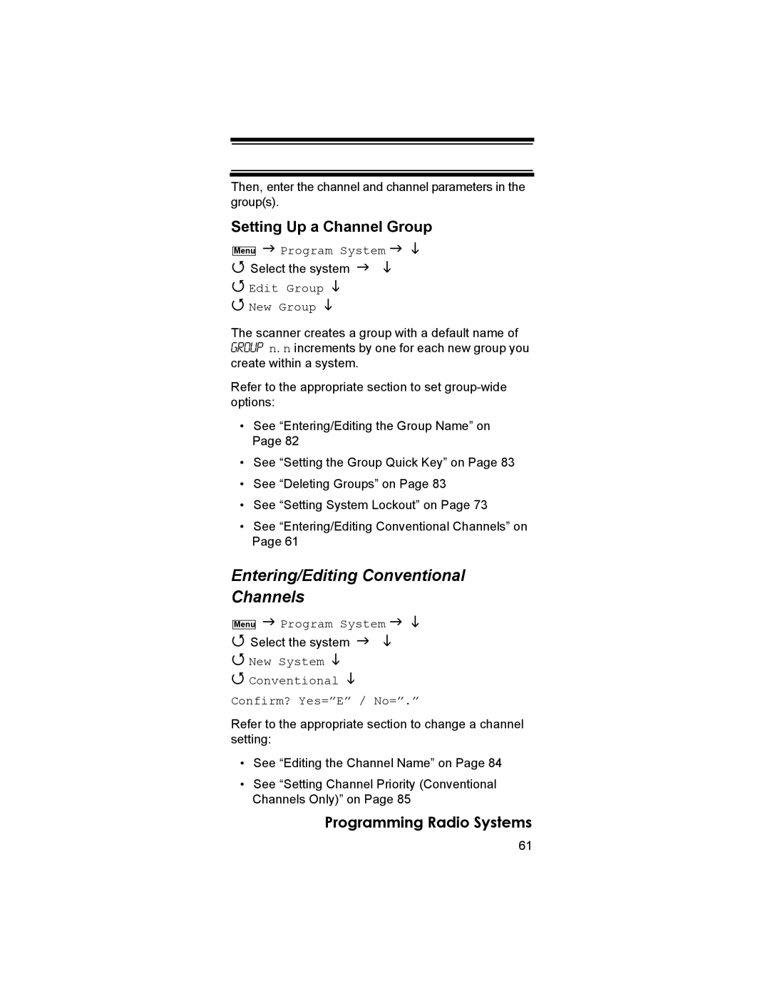 Uniden BCD396T owner manual Entering/Editing Conventional Channels, Program System, Edit Group New Group 