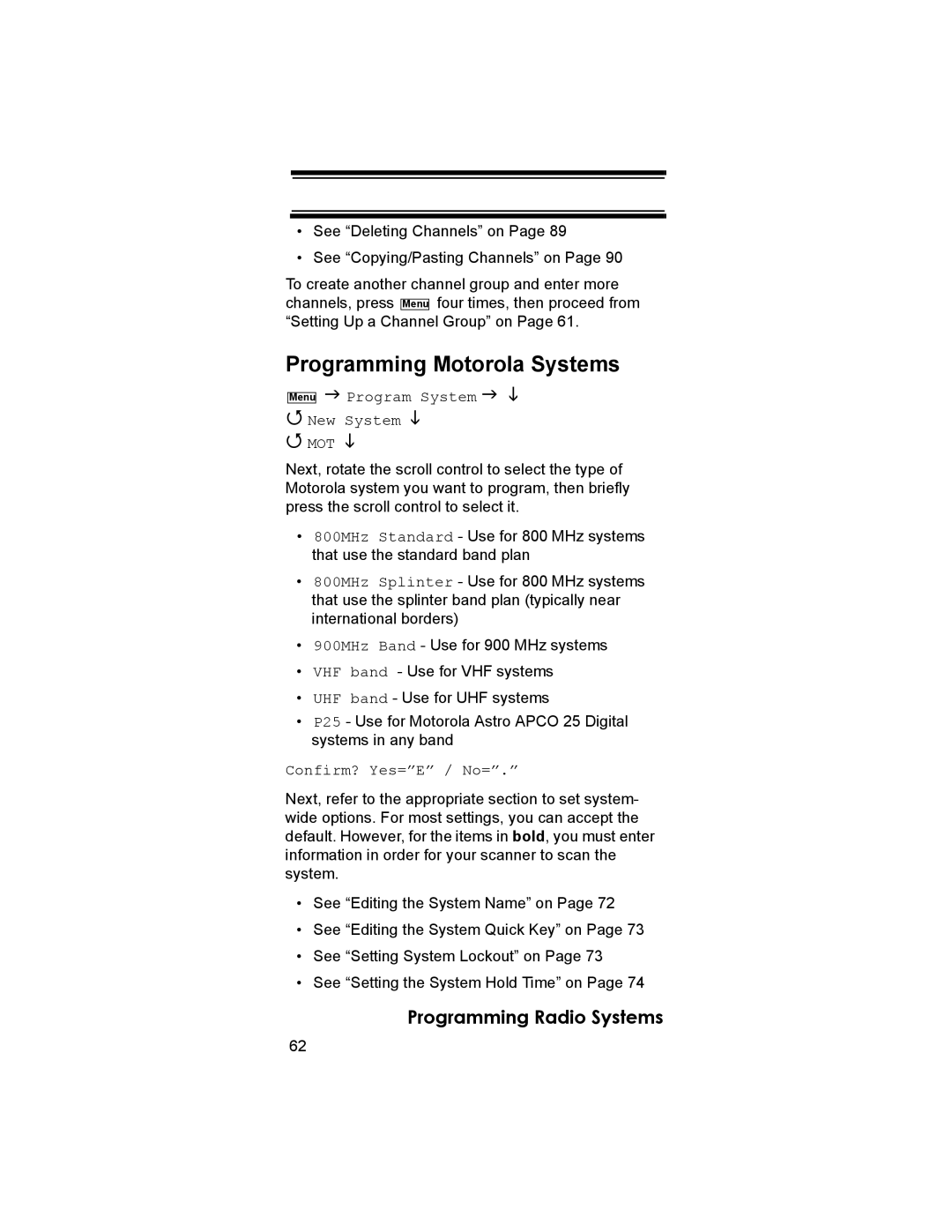 Uniden BCD396T owner manual Programming Motorola Systems, Program System New System 