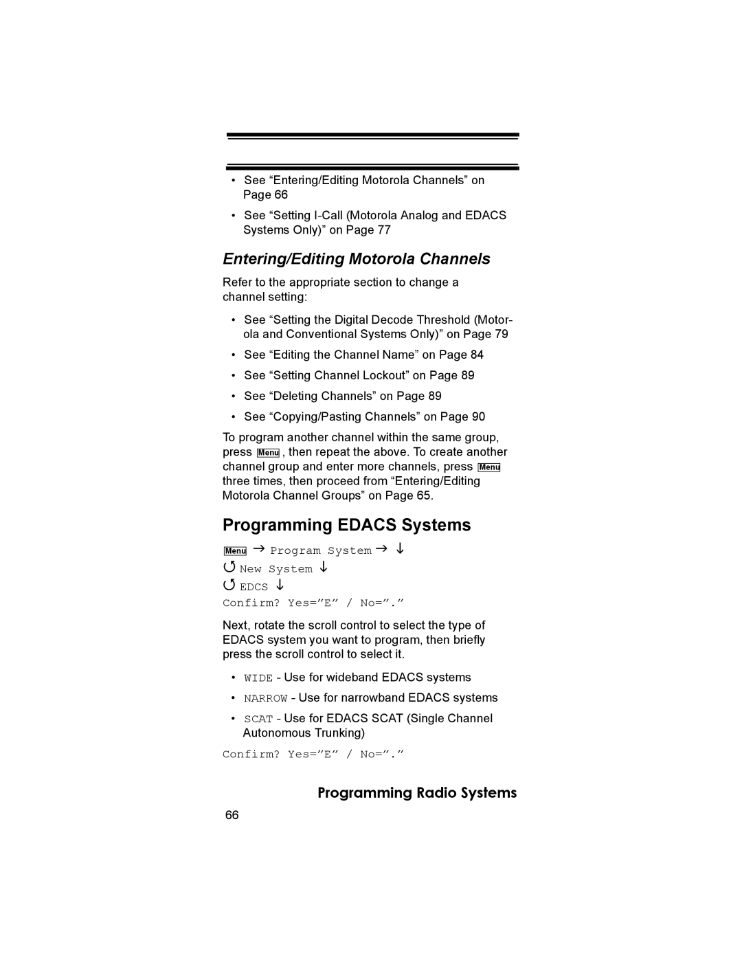 Uniden BCD396T owner manual Programming Edacs Systems, Entering/Editing Motorola Channels 