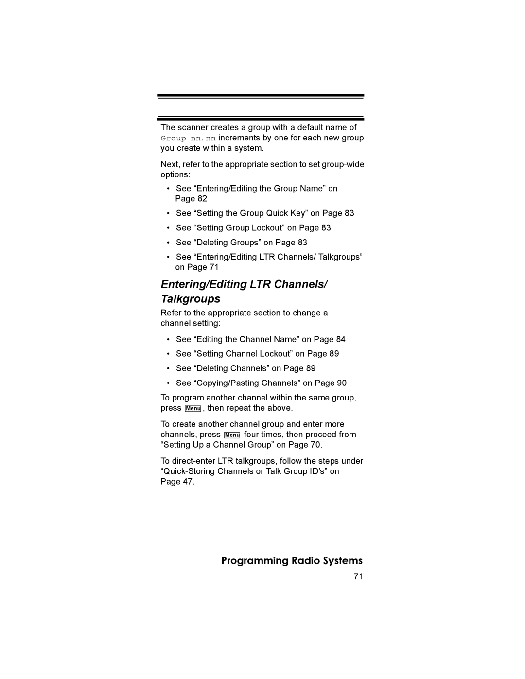 Uniden BCD396T owner manual Entering/Editing LTR Channels/ Talkgroups 