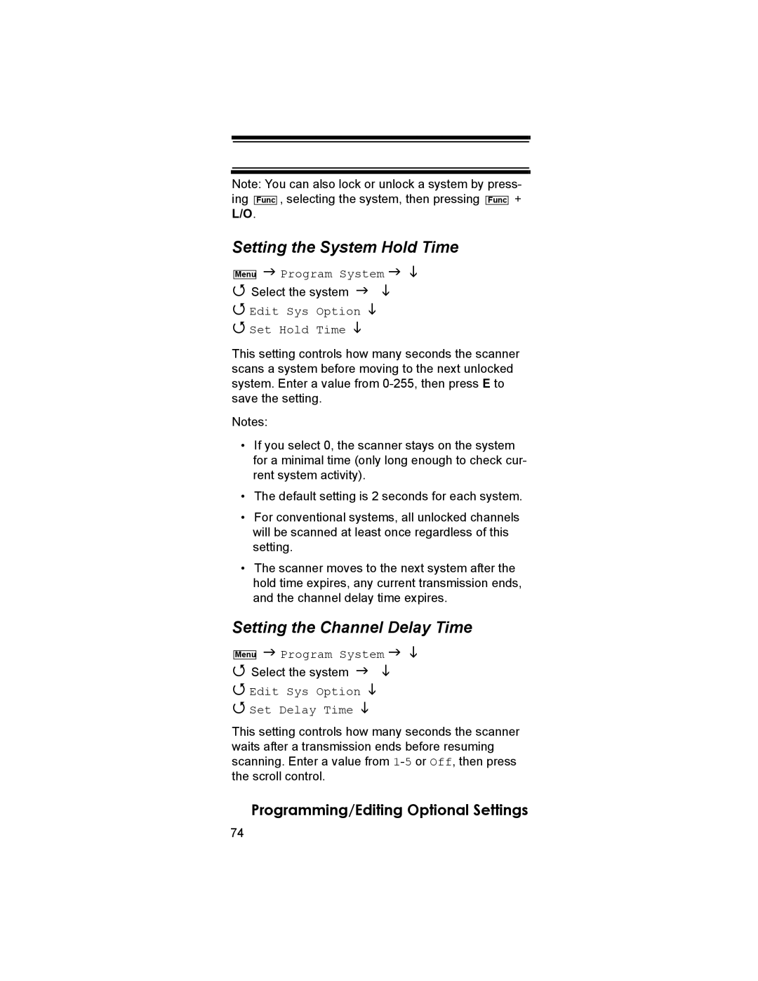 Uniden BCD396T owner manual Setting the System Hold Time, Setting the Channel Delay Time, Edit Sys Option Set Hold Time 