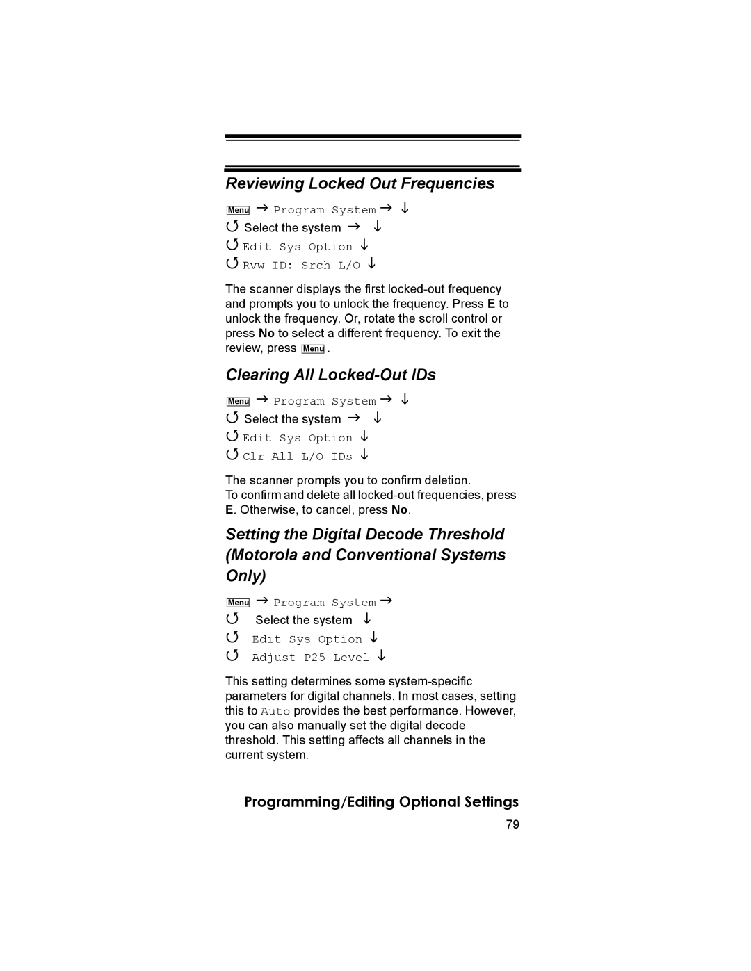 Uniden BCD396T owner manual Reviewing Locked Out Frequencies, Clearing All Locked-Out IDs, Edit Sys Option Rvw ID Srch L/O 