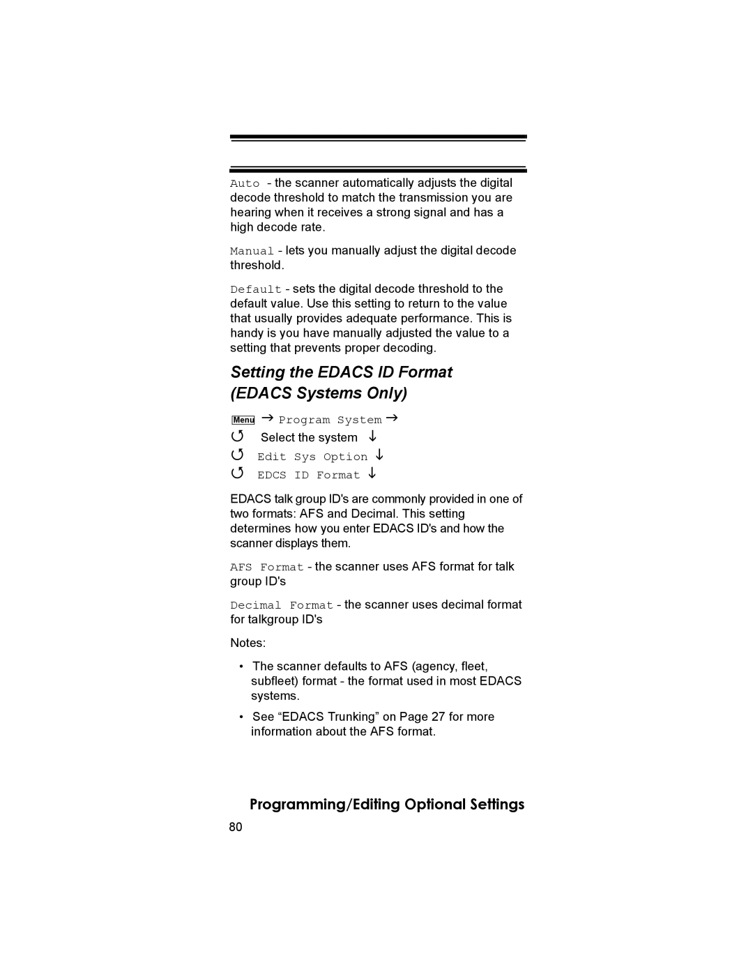 Uniden BCD396T owner manual Setting the Edacs ID Format Edacs Systems Only, Edit Sys Option Edcs ID Format 