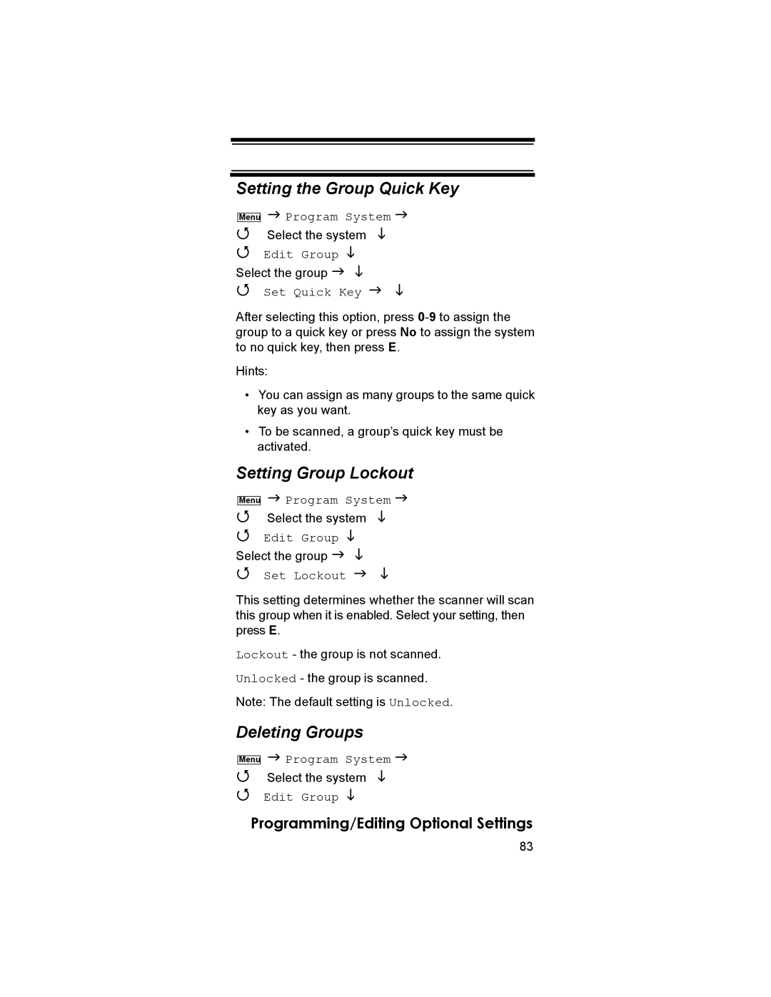 Uniden BCD396T owner manual Setting the Group Quick Key, Setting Group Lockout, Deleting Groups 