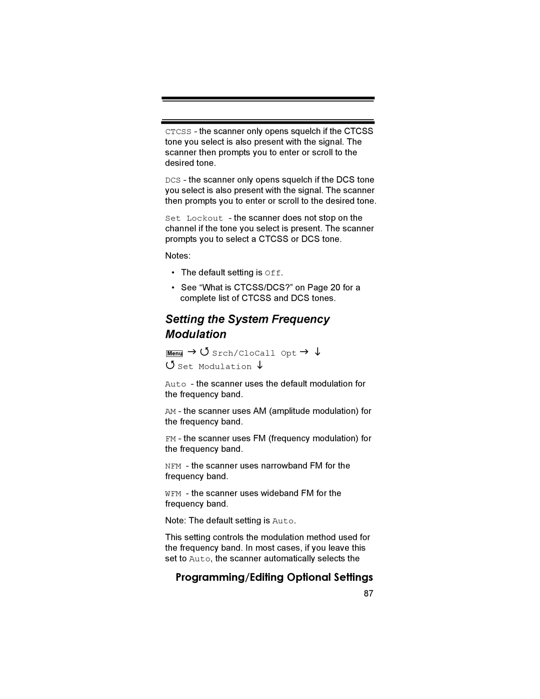 Uniden BCD396T owner manual Setting the System Frequency Modulation, Srch/CloCall Opt Set Modulation 