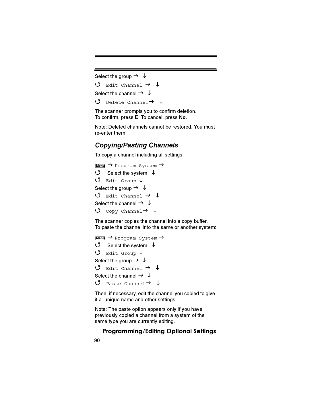 Uniden BCD396T Copying/Pasting Channels, Delete Channel, To copy a channel including all settings, Copy Channel 