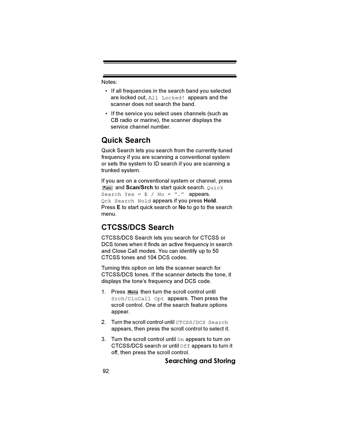 Uniden BCD396T owner manual Quick Search, CTCSS/DCS Search 