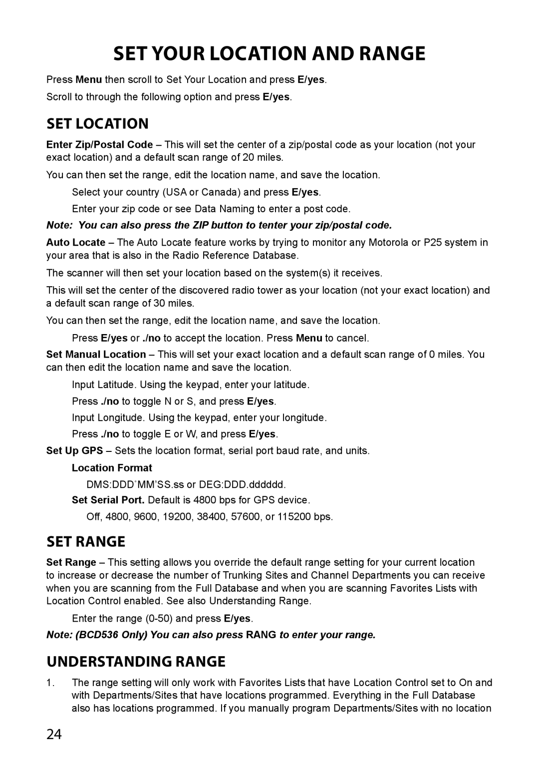 Uniden BCD436HP, BCD536HP Set Your Location and Range, Set Location, Set Range, Understanding Range, Location Format 