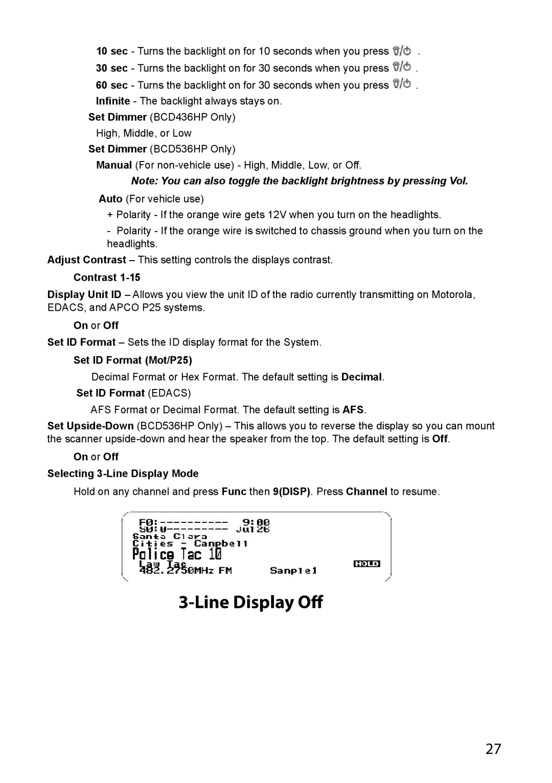 Uniden BCD536HP owner manual Set Dimmer BCD436HP Only High, Middle, or Low, Contrast, On or Off, Set ID Format Edacs 