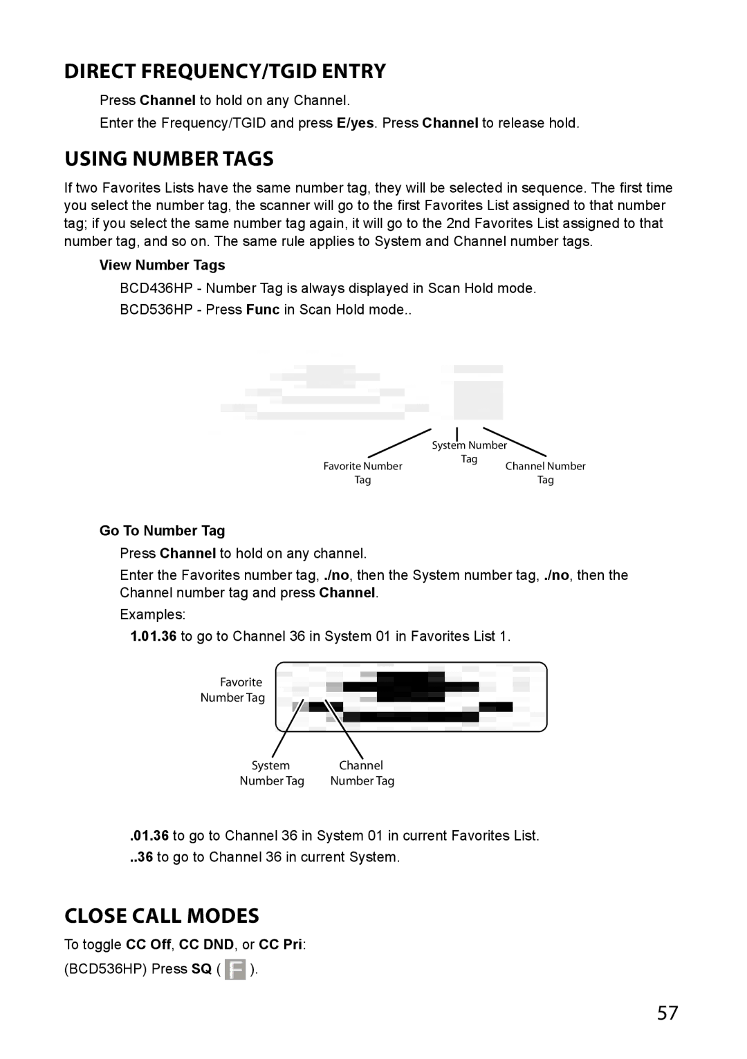 Uniden BCD536HP Direct Frequency/TGID Entry, Using Number Tags, Close Call Modes, View Number Tags, Go To Number Tag 
