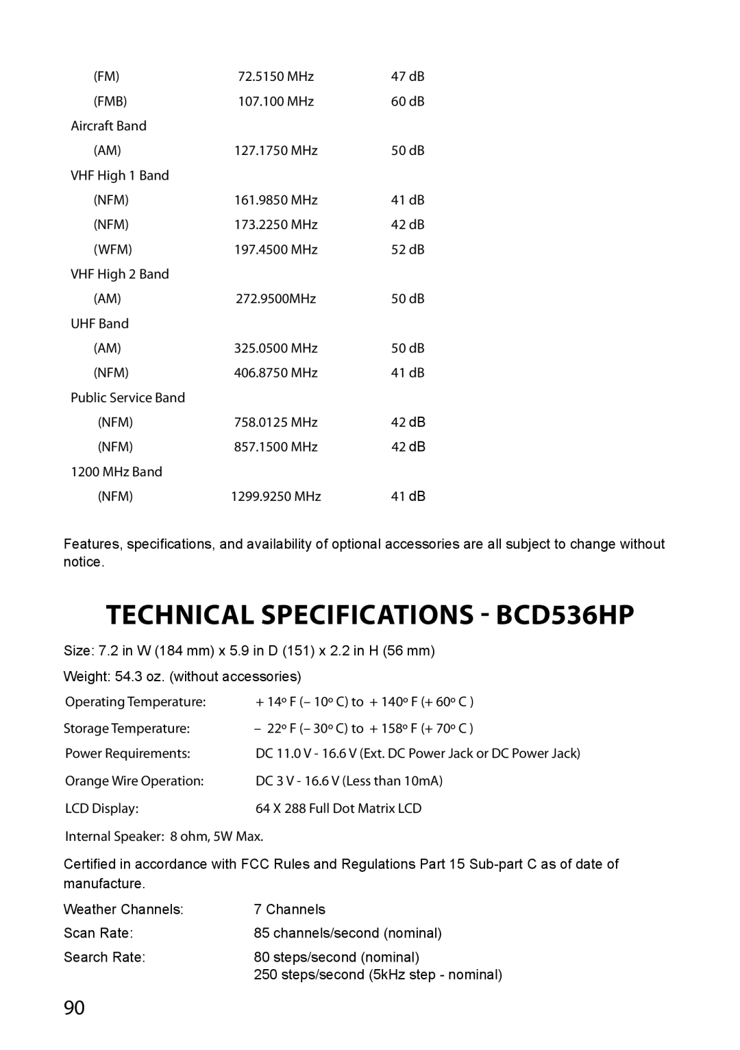 Uniden BCD436HP owner manual Technical Specifications BCD536HP 