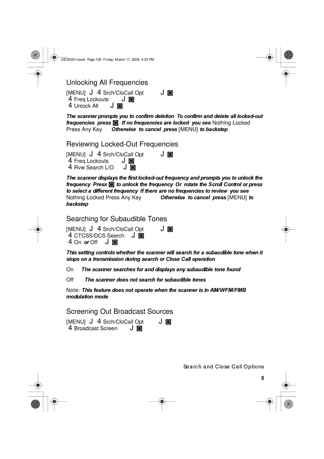 Uniden BCD996T manual Unlocking All Frequencies, Reviewing Locked-Out Frequencies, Searching for Subaudible Tones 