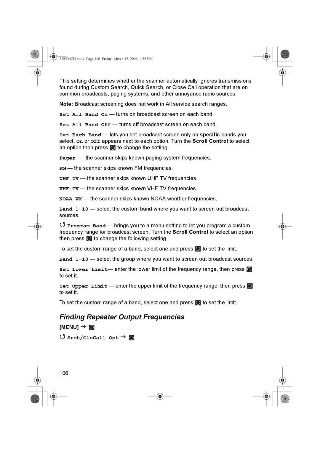 Uniden BCD996T manual Finding Repeater Output Frequencies, Srch/CloCall Opt 