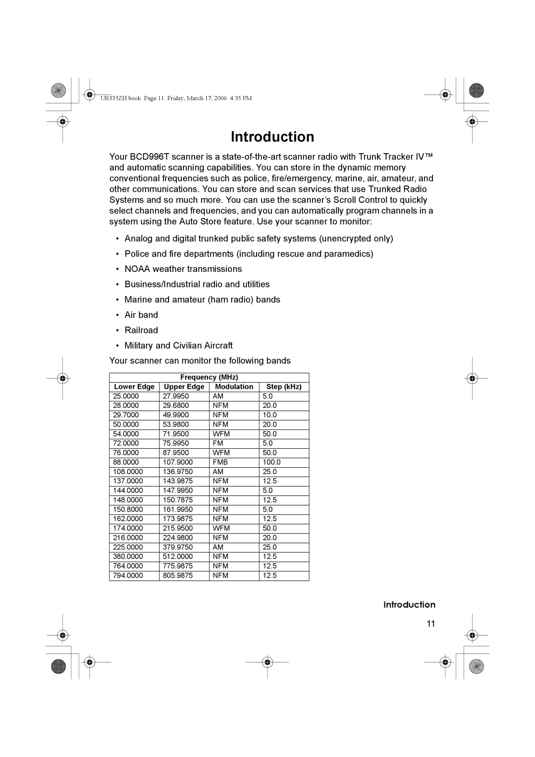 Uniden BCD996T manual Introduction, Frequency MHz Lower Edge Upper Edge Modulation Step kHz 