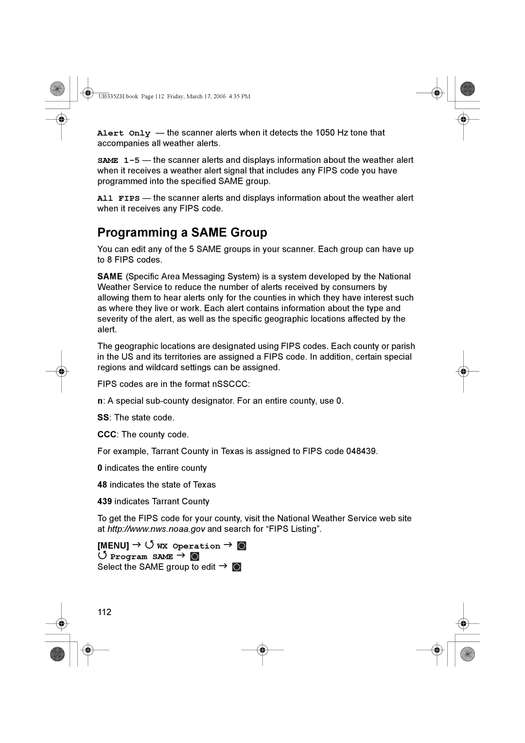 Uniden BCD996T manual Programming a Same Group, Menu WX Operation Program Same 