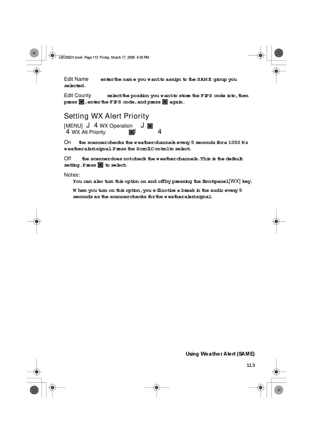 Uniden BCD996T manual Setting WX Alert Priority, Menu WX Operation WX Alt Priority 