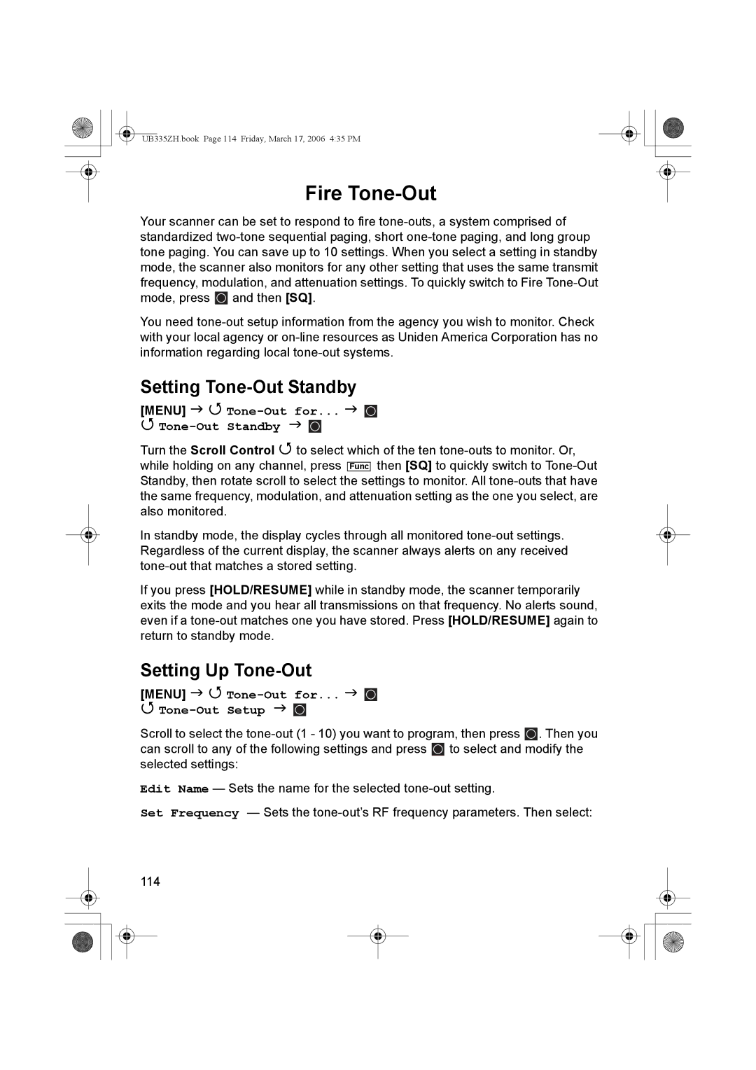 Uniden BCD996T manual Fire Tone-Out, Setting Tone-Out Standby, Setting Up Tone-Out, Menu Tone-Out for Tone-Out Standby 