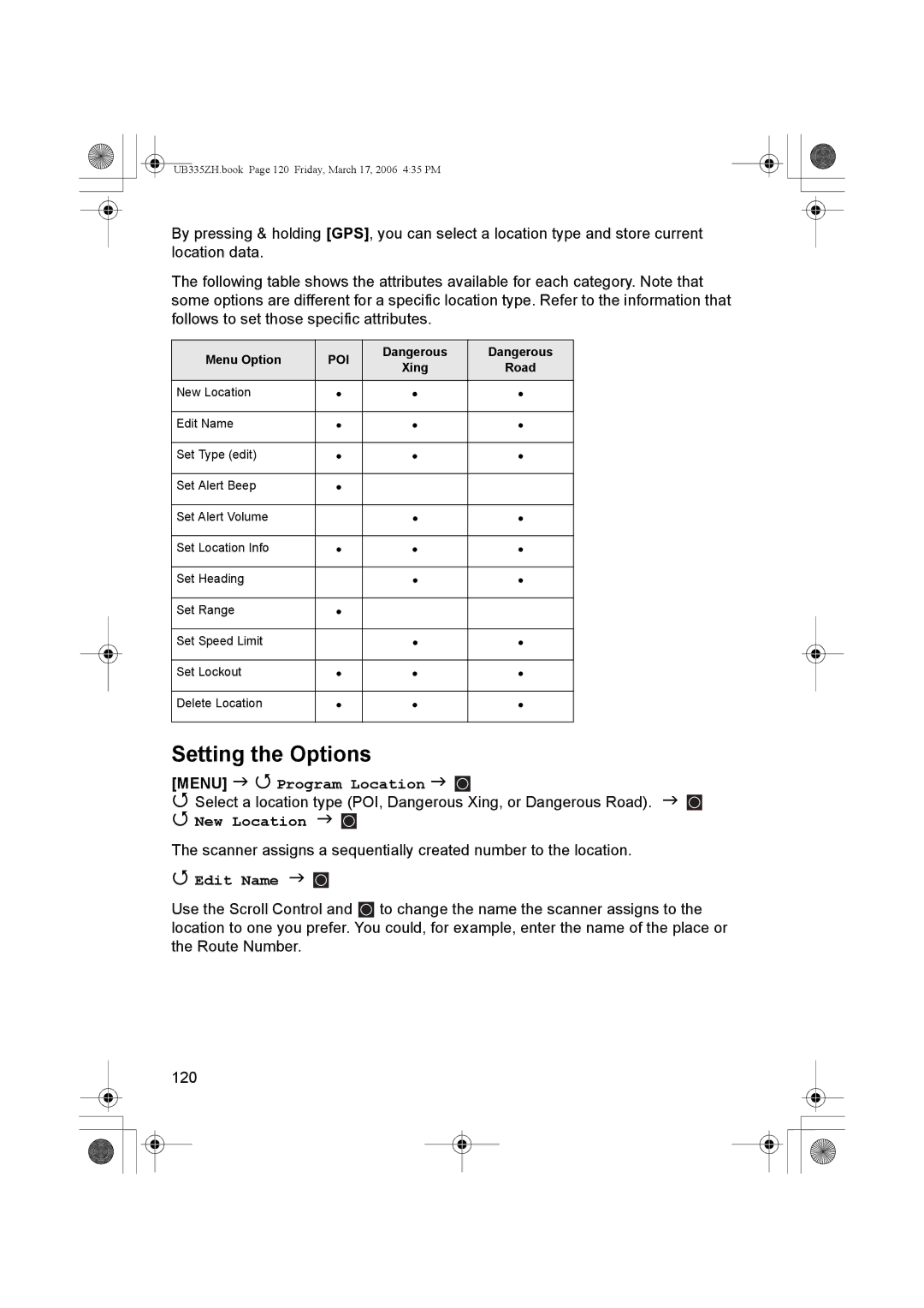 Uniden BCD996T manual Setting the Options, Menu Program Location, New Location, Menu Option 