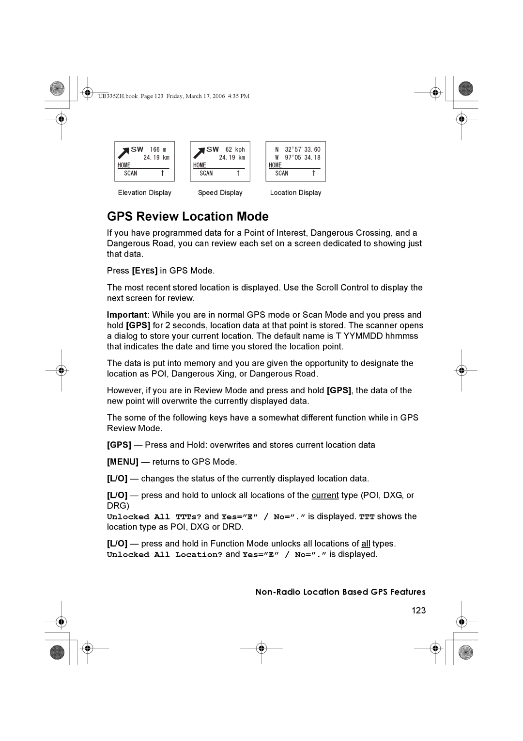 Uniden BCD996T manual GPS Review Location Mode 