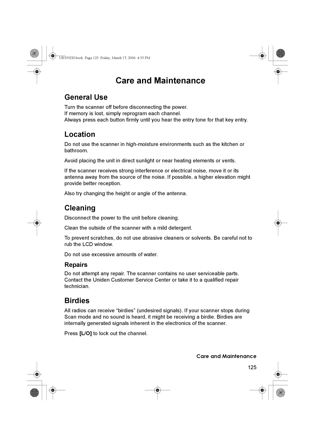 Uniden BCD996T manual Care and Maintenance, General Use, Location, Cleaning, Birdies 