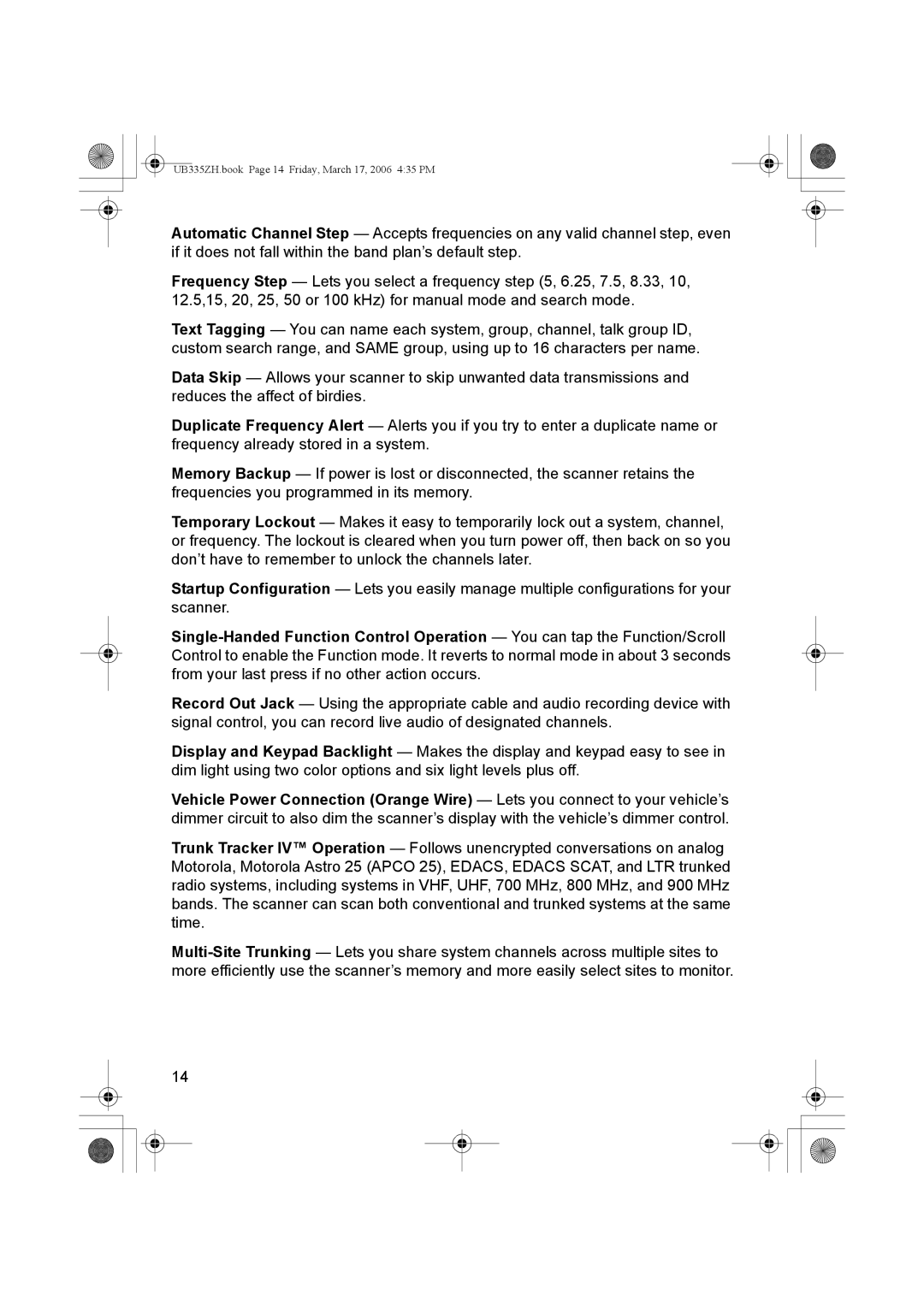 Uniden BCD996T manual UB335ZH.book Page 14 Friday, March 17, 2006 435 PM 