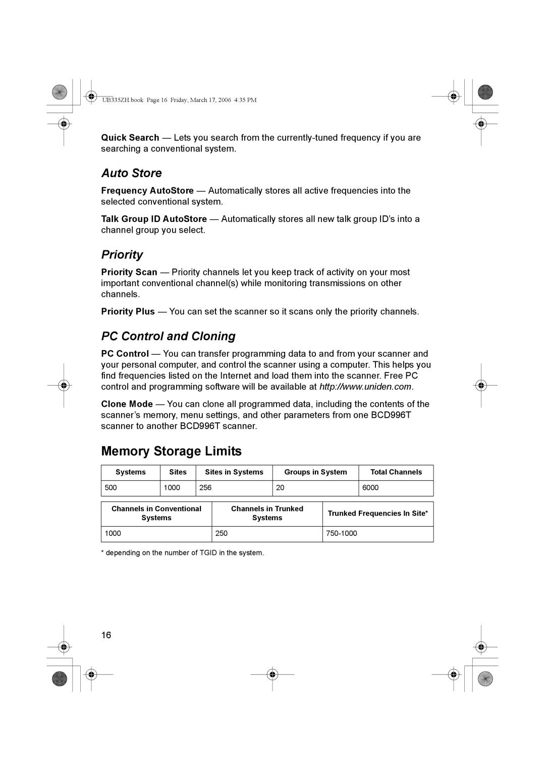 Uniden BCD996T manual Memory Storage Limits, Auto Store, Priority, PC Control and Cloning 