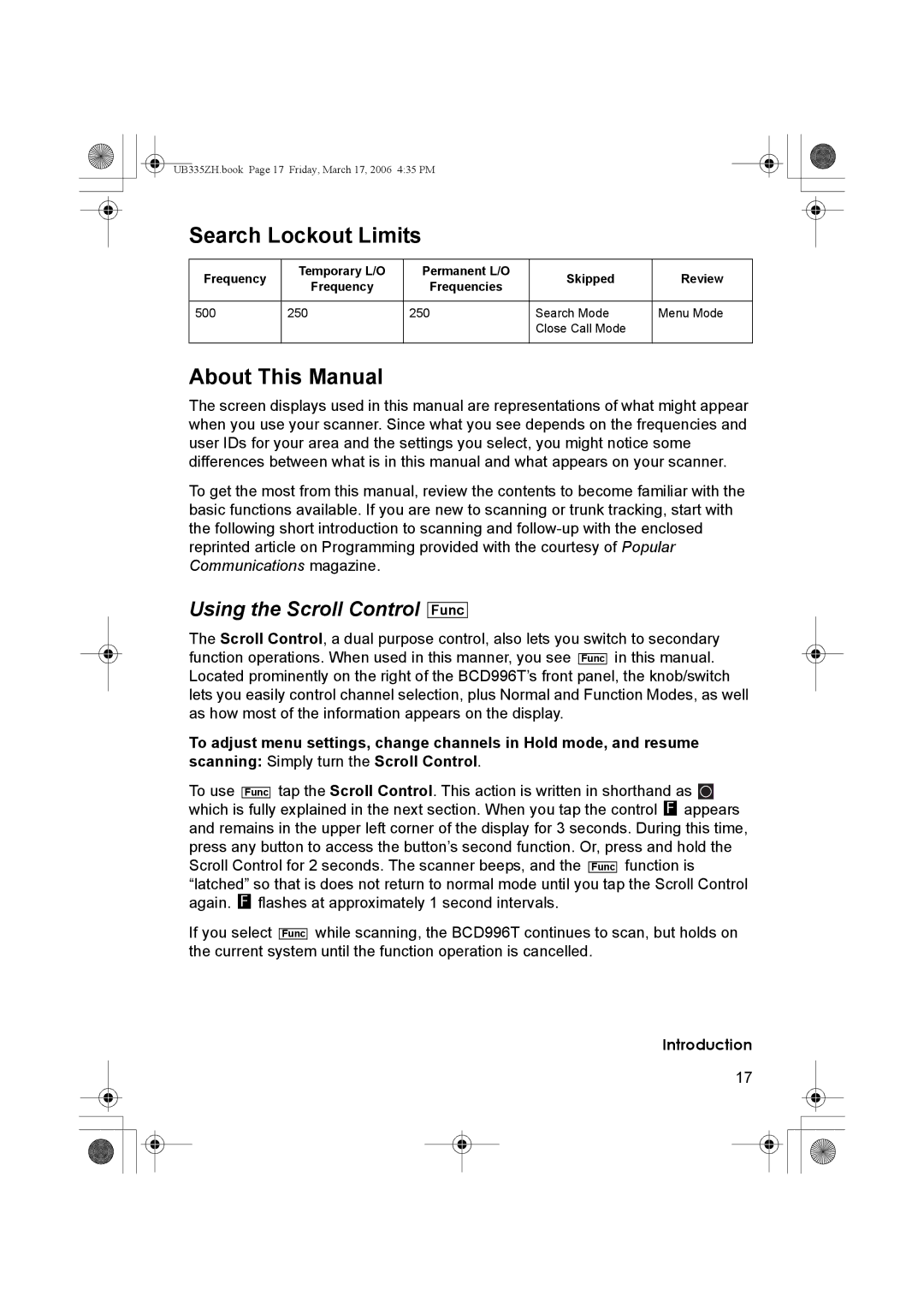 Uniden BCD996T manual Search Lockout Limits, About This Manual, Using the Scroll Control 