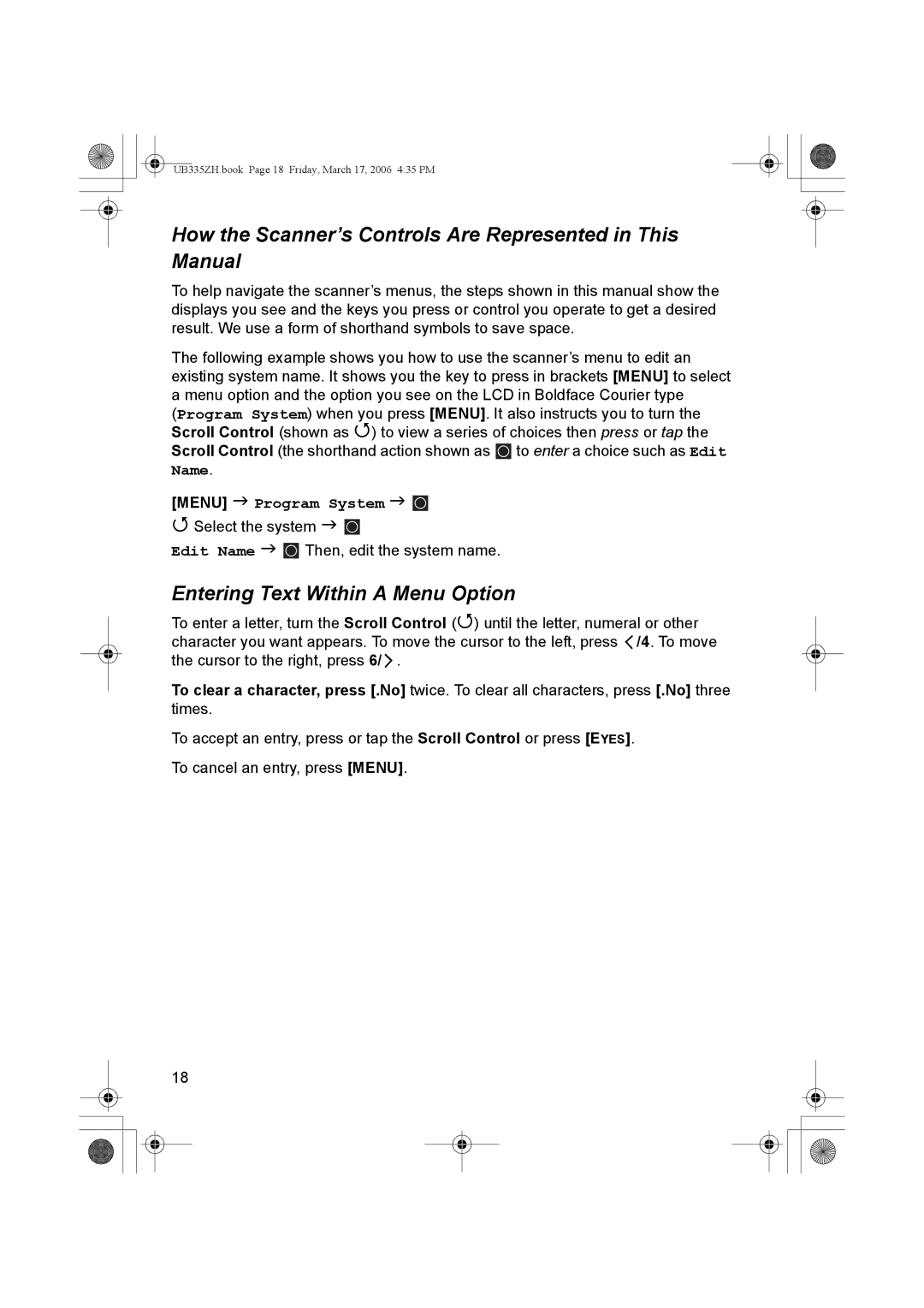 Uniden BCD996T manual How the Scanner’s Controls Are Represented in This Manual, Entering Text Within a Menu Option 