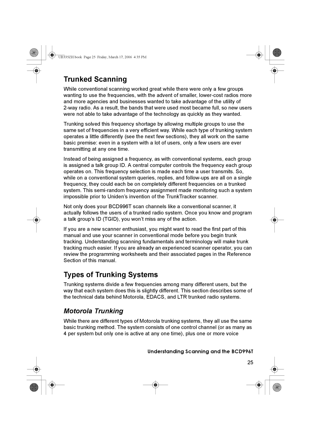 Uniden BCD996T manual Trunked Scanning, Types of Trunking Systems, Motorola Trunking 